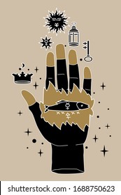 The Hand of the Philosopher with Symbols of the Crown, the Sun, Morning star or Venus and the Key. Vector illustration for tattoo design or fashion print in simple line art style.