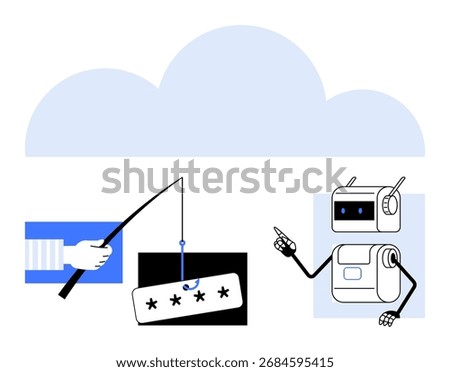 Hand with phishing hook targeting a password, AI robot pointing, large cloud symbol. Ideal for cybersecurity, online threats, internet safety, cloud computing, AI awareness, phishing prevention