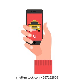 Hand with phone abstract vector flat design illustration. Taxi call application on the screen