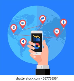 Hand with phone abstract vector flat design illustration. Charts and infographic icons on the screen. Abstract vector world map with pointers and business and finance icons on the background
