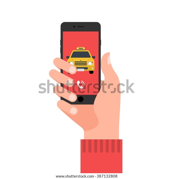 Hand with phone abstract vector\
flat design illustration. Taxi call application on the\
screen
