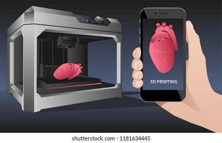 Hand with phone. Application for printing human organs in a 3D printer. Vector illustration