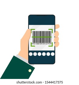 hand with phone barcode scanner in flat style