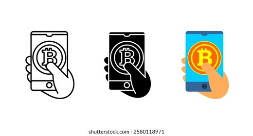 Mano con el icono de bitcoin del teléfono. Ilustración vectorial de pago móvil de criptomonedas. Monedero Electrónica y símbolo de divisa financiera. Diseño de transferencia de dinero digital. Gráfico de transacciones bancarias de Tecnología.
