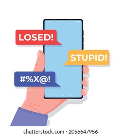 Hand with phone. Bullying concept, digital hate, social, online aggression. Hate on mobile phone screen