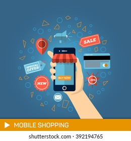 Hand with phone buy. Mobile payments, Shopping concept. Illustration for Online Mobile Shopping. 