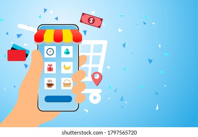 Hand with phone buy. Mobile payments,Online ordering using mobile app. Smartphone screen with order button and cart icon.