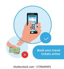 Hand with phone buying booking ticket online. Guidance, recommendation. Avia coronavirus virus prevention rules. Travel guidance for travelers avia flights, train trips infographic flat style vector