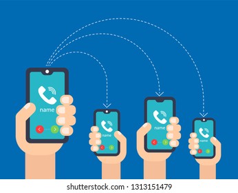 hand with the phone. call to multiple smartphones. flat vector illustration on blue background