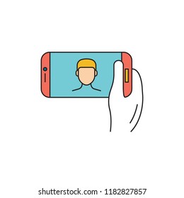 Hand with phone. Cartoon vector illustration Hand with phone make selfie for web design isolated on white background