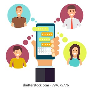 Hand with phone and colorful avatars in flat design
