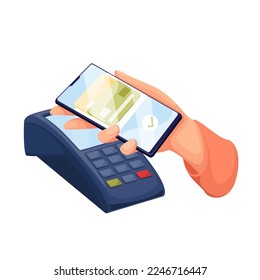 Hand with phone for contactless payment vector illustration. Cartoon customers hand holding smartphone with credit card on screen near POS terminal of cashier, using banking app in phone for checkout