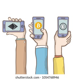 Hand with phone and cryptocurrency,bitcoin,litecoin and ethereum.Technology concept virtual money