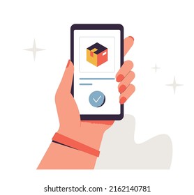 Mano con la caja de entrega de teléfono en pantalla. Versión femenina. Fondo blanco