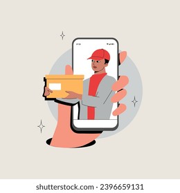 Mano con el teléfono y el tipo de entrega sosteniendo la caja de entrega. Plantilla de diseño plana vectorial aislada en fondo gris. Ilustración de entrega de aplicaciones o web. Concepto de compra en línea de tecnología moderna.