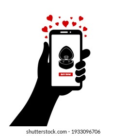 Mano con teléfono, anillo de diamantes en caja abierta en cadena de smartphone. Compras en línea. Elección de regalo para vacaciones, compra ahora. Ilustración vectorial aislada en blanco. Estilo plano