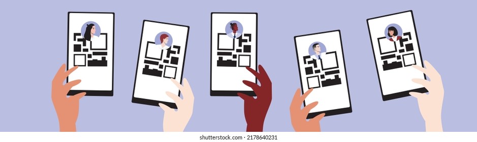 Hand with phone and digital business card isolated, flat vector stock illustration as concept of networking and business communication