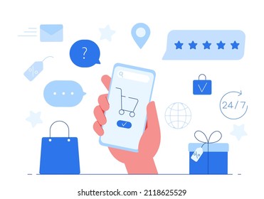 Hand with phone doing online purchases in online store. E-Commerce concept. Shopping by phone. Customer ordering goods and services in the Internet.  Checkout by clicking on the shopping cart. Vector