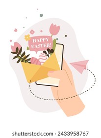 Hand with phone and Easter messages. Vector illustration template. Paper envelope filled with spring flowers, eggs, tulips, leaves and branches in calm pastel tones. 