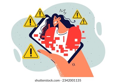 Hand with phone and error signs near woman is metaphor for communication and network problems caused by poor internet quality. Picture freezing and sound interruption during video call on phone