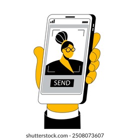 Hand with phone with Face ID. Illustration on the topic of fast identification of a person by phone. Vector illustration.