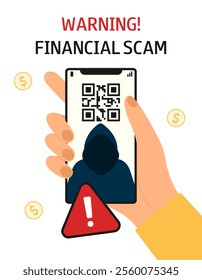 Hand with phone. Fake Qr Code. Financial scam. Phishing fraud concept. Online crime warning. Flat vector poster, banner.