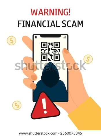 Hand with phone. Fake Qr Code. Financial scam. Phishing fraud concept. Online crime warning. Flat vector poster, banner.