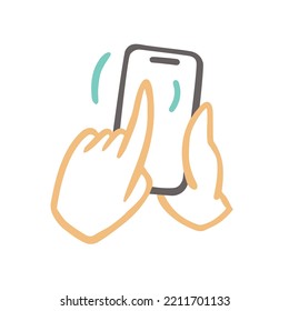 A Hand With A Phone, A Finger Touches The Screen. The Second Hand Holds The Phone. Vector Flat Outline Doodle Cute Cartoon Style.