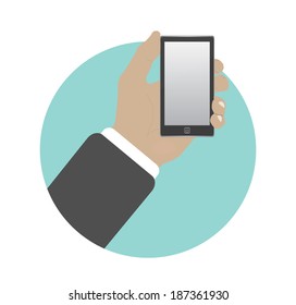 Hand with phone in flat design