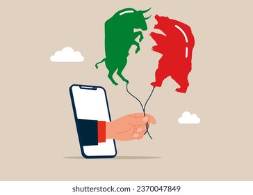 Hand with phone holding balloon bull and bear.  Vector illustration