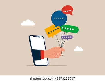 Hand with phone holding speech bubble balloons. Flat vector illustration