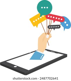Hand with phone holding speech bubble balloons. Flat vector illustration

