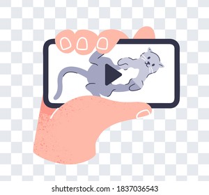 Hand with phone. Hand holds the smartphone horizontally. Flat style vector eps10 illustration. Simple modern design. Realistic template isolated on white background.