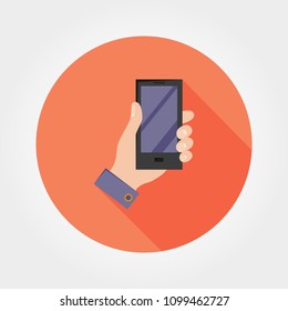Hand with phone. Icon for web and mobile application. Vector illustration of a button with a long shadow. Flat design style.