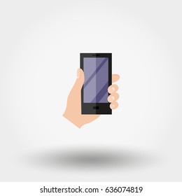 Hand with phone. Icon for web and mobile application. Vector illustration on a white background. Flat design style