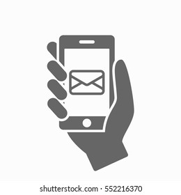 Hand with phone isolated on background. Phone with envelope icon. New message or email. Icon for web and mobile applications, web sites and infographics