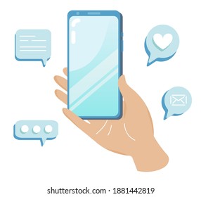 Hand with the phone isolated on white background. Communication and social media concept. Flat vector illustration
