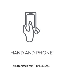 Hand and Phone linear icon. Modern outline Hand and Phone logo concept on white background from Hands collection. Suitable for use on web apps, mobile apps and print media.