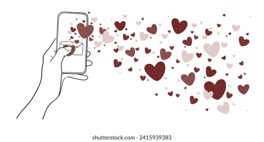 La mano con un teléfono en estilo de arte de línea envía un mensaje de amor. Día de San Valentín. Felicitaciones el 14 de febrero. Ilustración del vector