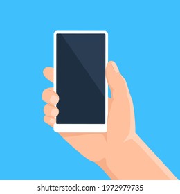 Hand with phone. Man holding smartphone with blank screen. Cell phone mockup for application presentation, social media vector template. Character with modern electronic device or gadget