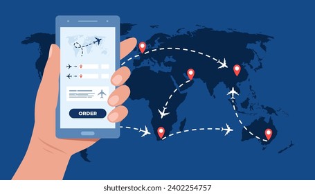 Hand with phone and mobile application for ordering tickets. World map with airplanes and pins. Vector illustration