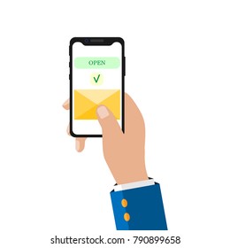 Hand with a phone. New message. Open new message. Flat design.