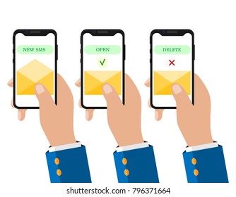 Hand with a phone. New message. Open new message. Delete message.  Vector Illustration.