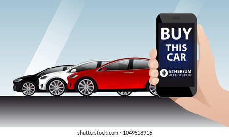 Hand with phone on the background of cars. On the screen of the device the inscription "Buy this car" and "Ethereum accepted here"