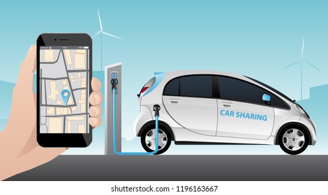 Hand with phone on a background of white carsharing electric car with charging station. Vector illustration EPS 10