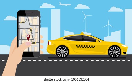 Hand with phone. On the device screen application for ordering a taxi. In the background, an self driving car. Vector illustration EPS 10