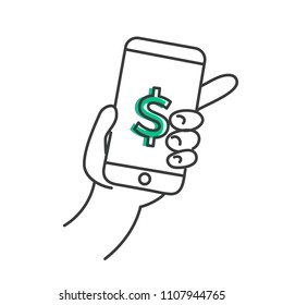Hand with a phone on which the dollar sign icon. App for online payment and financial planning. Vector line illustration