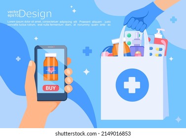 Mano con teléfono para el pedido en línea de medicamentos.Bolsa con pastillas, botellas, antibióticos.Farmacia en línea con medicamentos de entrega en casa, pedido de medicamentos recetados.Vector para la web, banners, volantes.