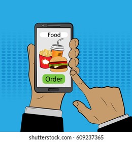 the hand with the phone, ordering food through the phone.