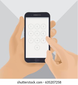 Hand with phone, password, protection, input, press. Vector 